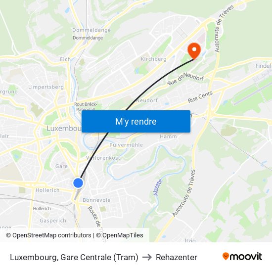 Luxembourg, Gare Centrale (Tram) to Rehazenter map