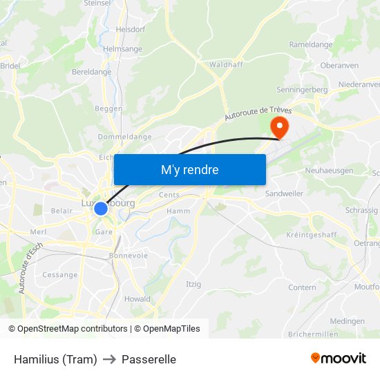 Hamilius (Tram) to Passerelle map