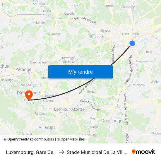 Luxembourg, Gare Centrale (Tram) to Stade Municipal De La Ville De Differdange map