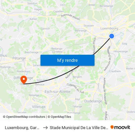 Luxembourg, Gare Rocade to Stade Municipal De La Ville De Differdange map