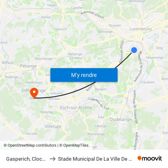 Gasperich, Cloche D'Or to Stade Municipal De La Ville De Differdange map