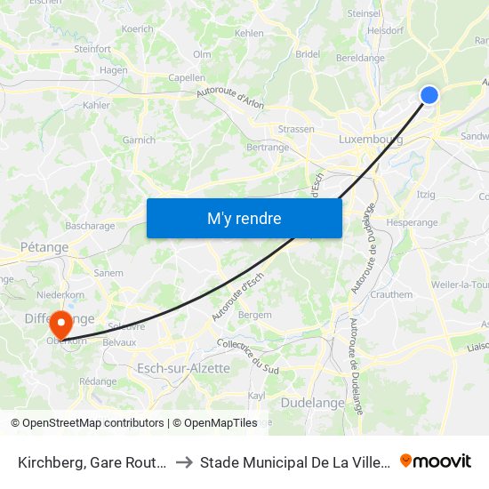 Kirchberg, Gare Routière Luxexpo to Stade Municipal De La Ville De Differdange map