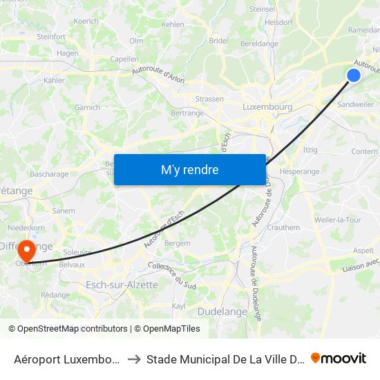 Aéroport Luxembourg/Findel to Stade Municipal De La Ville De Differdange map