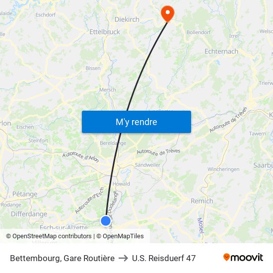 Bettembourg, Gare Routière to U.S. Reisduerf 47 map