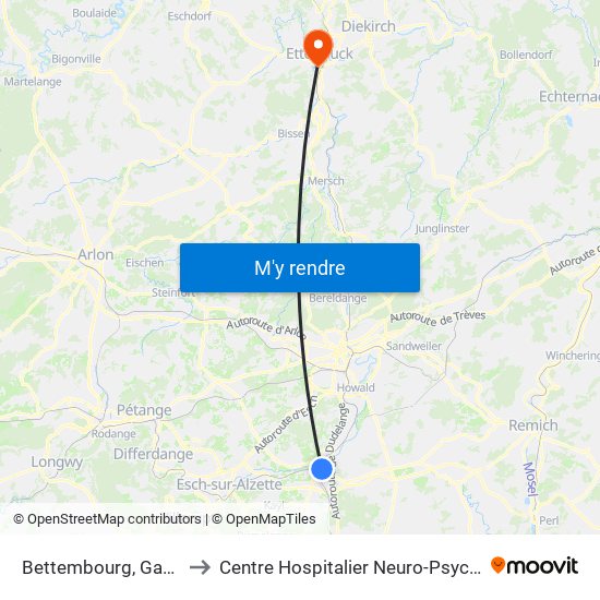 Bettembourg, Gare Routière to Centre Hospitalier Neuro-Psychiatrique (Chnp) map