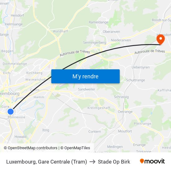 Luxembourg, Gare Centrale (Tram) to Stade Op Birk map