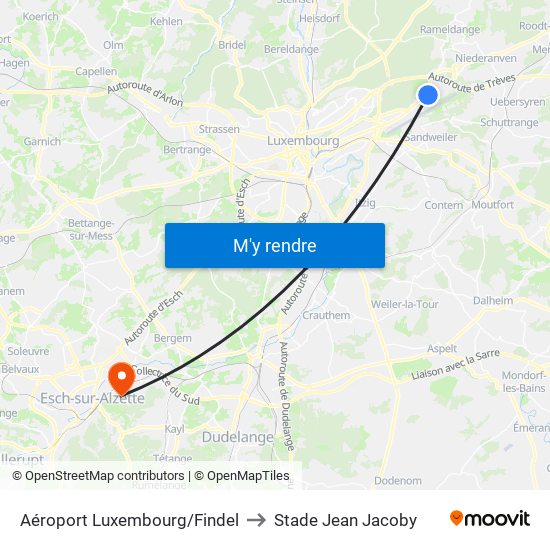 Aéroport Luxembourg/Findel to Stade Jean Jacoby map