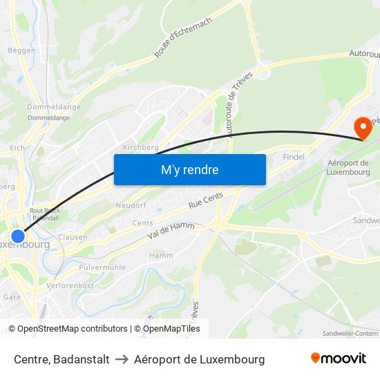 Centre, Badanstalt to Aéroport de Luxembourg map