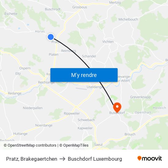 Pratz, Brakegaertchen to Buschdorf Luxembourg map
