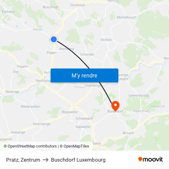 Pratz, Zentrum to Buschdorf Luxembourg map