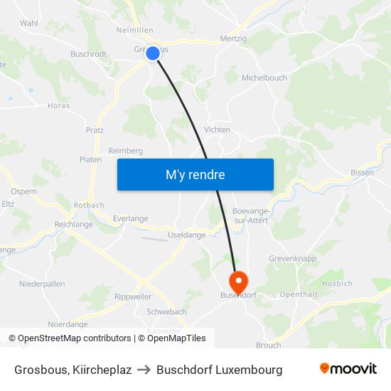 Grosbous, Kiircheplaz to Buschdorf Luxembourg map