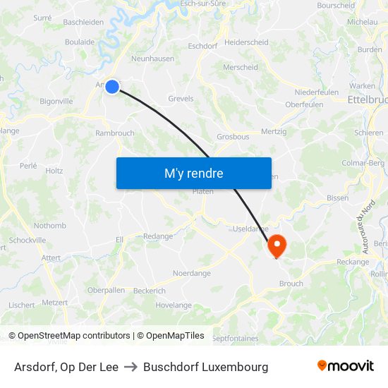 Arsdorf, Op Der Lee to Buschdorf Luxembourg map