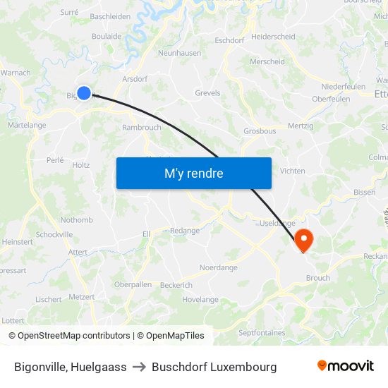 Bigonville, Huelgaass to Buschdorf Luxembourg map