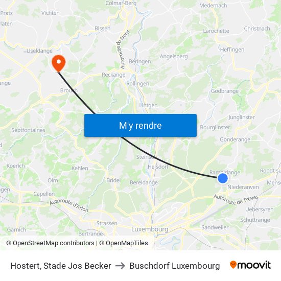 Hostert, Stade Jos Becker to Buschdorf Luxembourg map