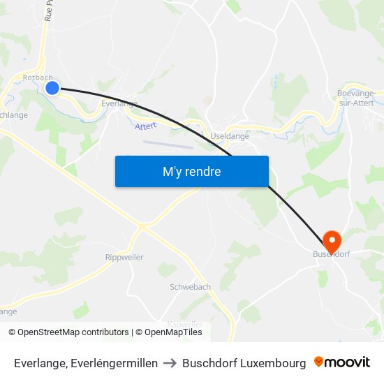 Everlange, Everléngermillen to Buschdorf Luxembourg map