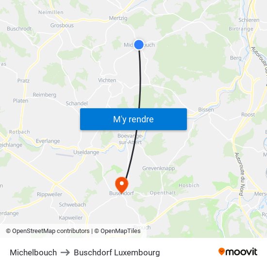 Michelbouch to Buschdorf Luxembourg map