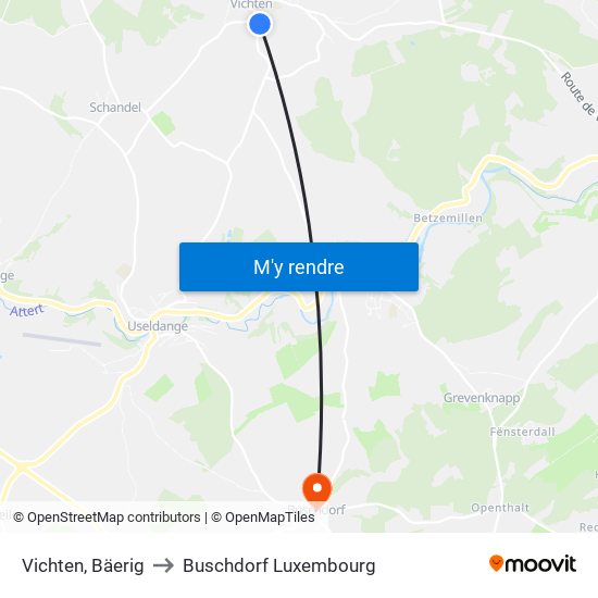 Vichten, Bäerig to Buschdorf Luxembourg map