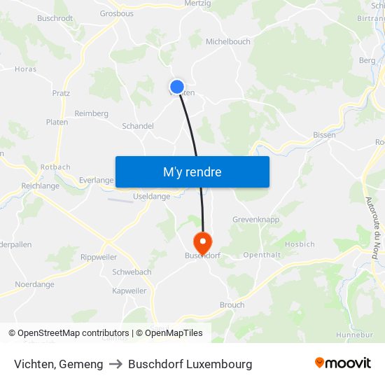 Vichten, Gemeng to Buschdorf Luxembourg map