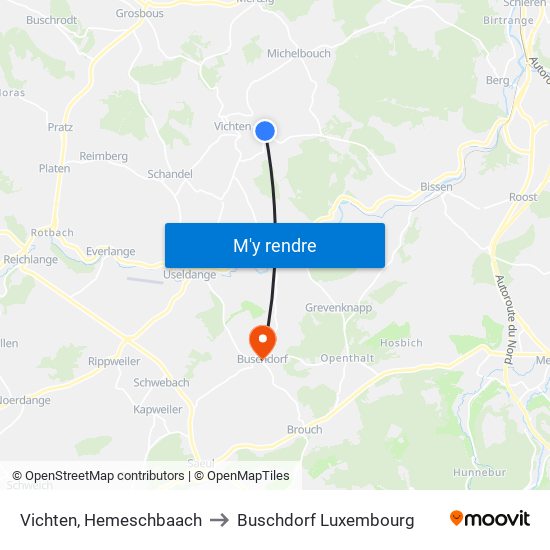 Vichten, Hemeschbaach to Buschdorf Luxembourg map