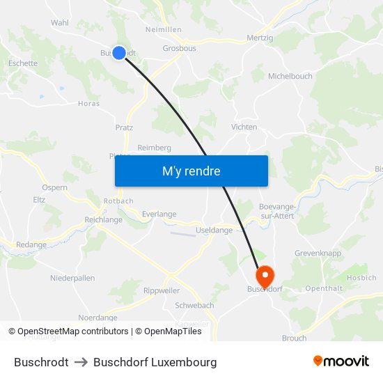 Buschrodt to Buschdorf Luxembourg map