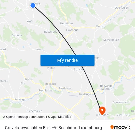 Grevels, Ieweschten Eck to Buschdorf Luxembourg map