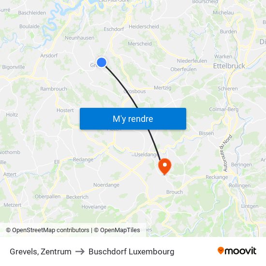 Grevels, Zentrum to Buschdorf Luxembourg map