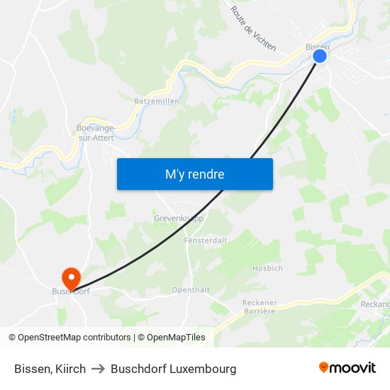Bissen, Kiirch to Buschdorf Luxembourg map