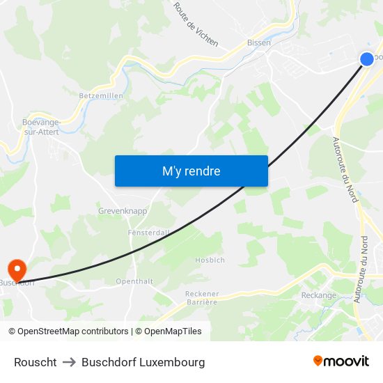 Rouscht to Buschdorf Luxembourg map