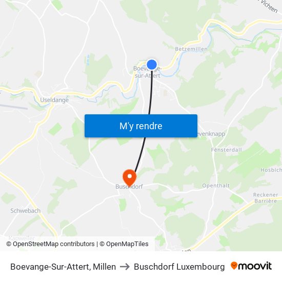 Boevange-Sur-Attert, Millen to Buschdorf Luxembourg map