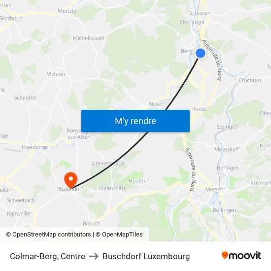 Colmar-Berg, Centre to Buschdorf Luxembourg map