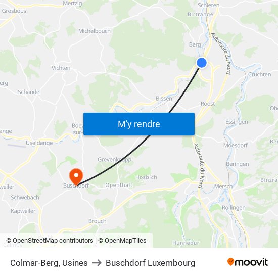 Colmar-Berg, Usines to Buschdorf Luxembourg map