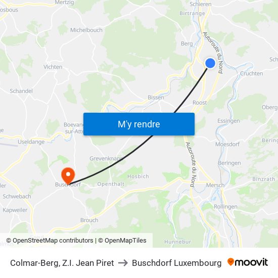 Colmar-Berg, Z.I. Jean Piret to Buschdorf Luxembourg map