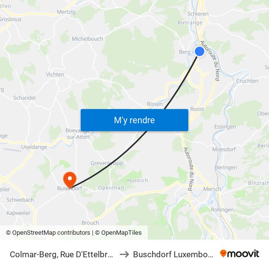 Colmar-Berg, Rue D'Ettelbruck to Buschdorf Luxembourg map