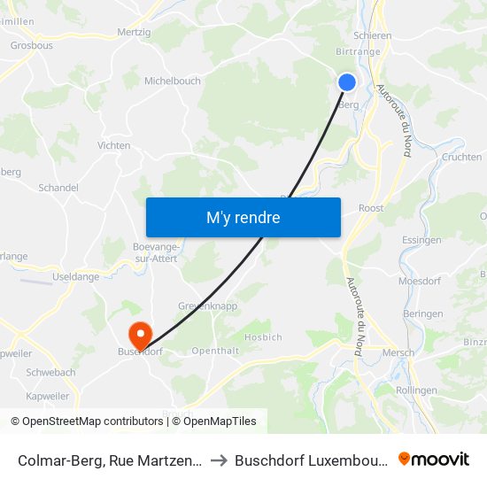Colmar-Berg, Rue Martzen 1 to Buschdorf Luxembourg map