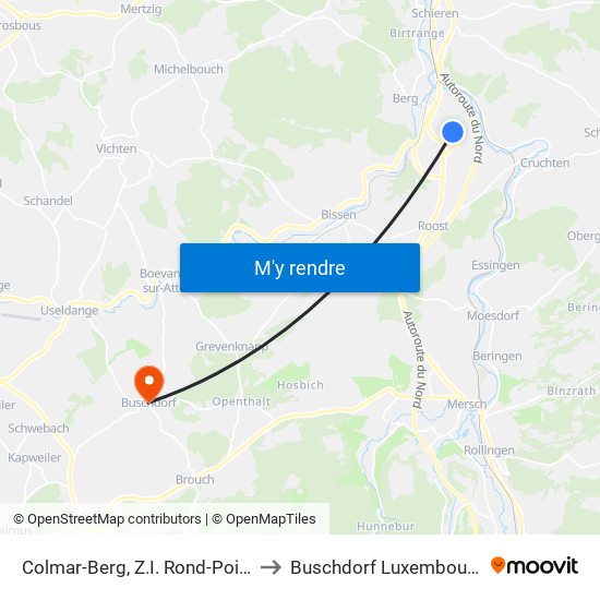 Colmar-Berg, Z.I. Rond-Point to Buschdorf Luxembourg map