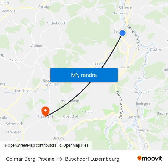 Colmar-Berg, Piscine to Buschdorf Luxembourg map