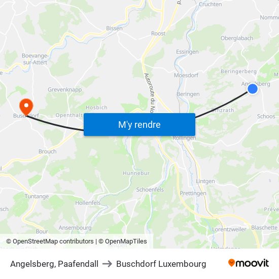 Angelsberg, Paafendall to Buschdorf Luxembourg map