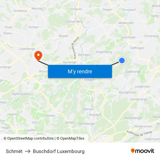 Schmët to Buschdorf Luxembourg map