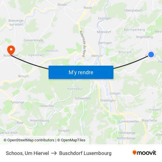 Schoos, Um Hiervel to Buschdorf Luxembourg map