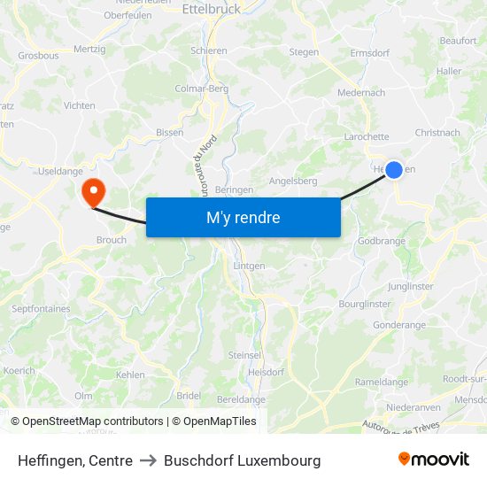 Heffingen, Centre to Buschdorf Luxembourg map