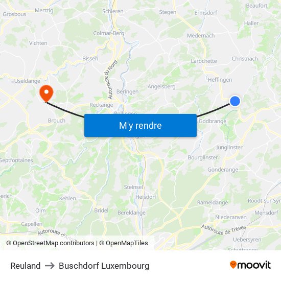 Reuland to Buschdorf Luxembourg map