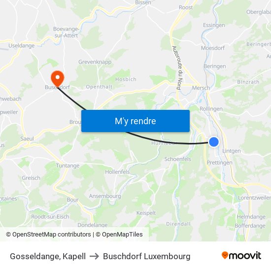 Gosseldange, Kapell to Buschdorf Luxembourg map
