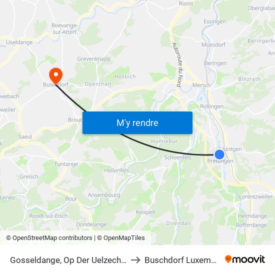 Gosseldange, Op Der Uelzechtbréck to Buschdorf Luxembourg map