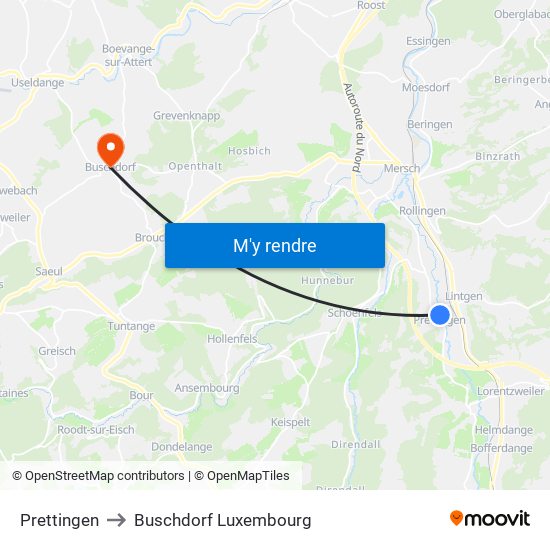 Prettingen to Buschdorf Luxembourg map