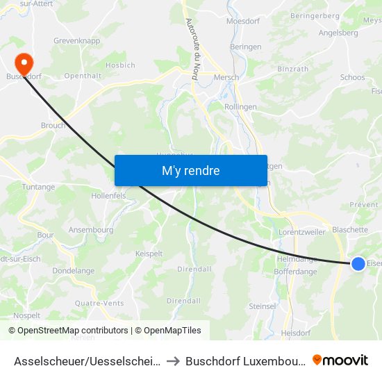 Asselscheuer/Uesselscheier to Buschdorf Luxembourg map