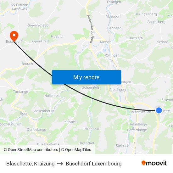 Blaschette, Kräizung to Buschdorf Luxembourg map
