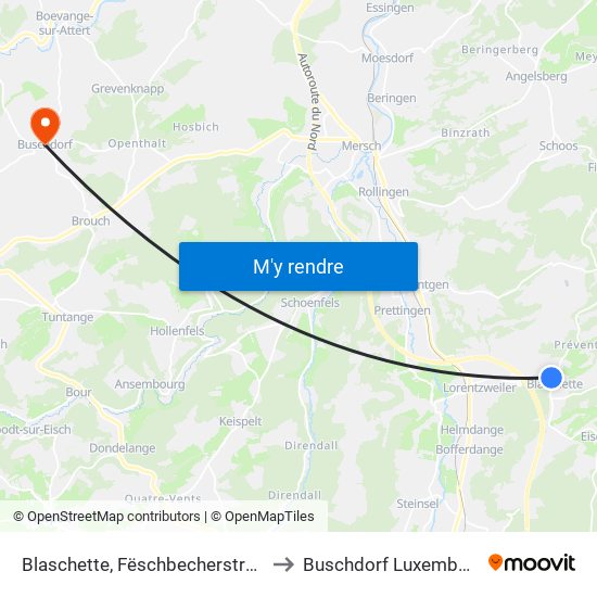 Blaschette, Fëschbecherstrooss to Buschdorf Luxembourg map