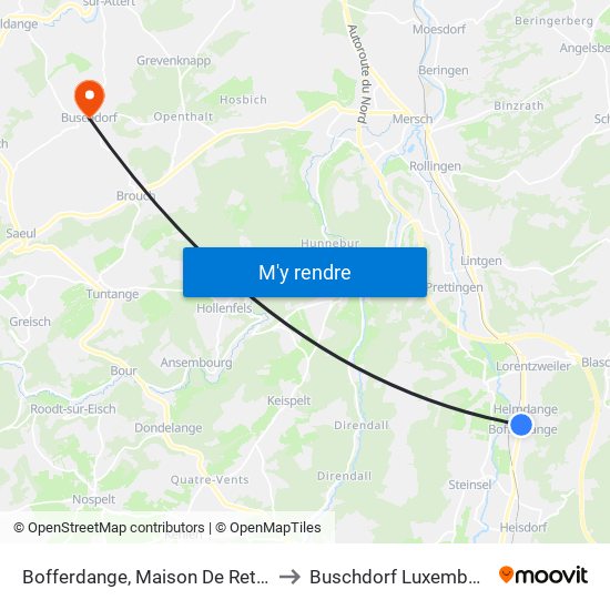 Bofferdange, Maison De Retraite to Buschdorf Luxembourg map