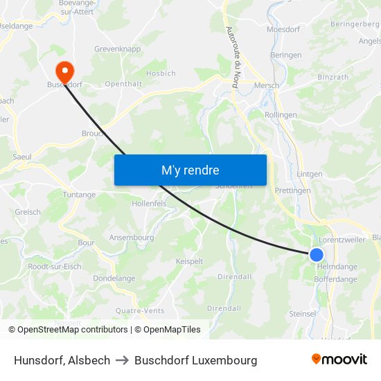 Hunsdorf, Alsbech to Buschdorf Luxembourg map