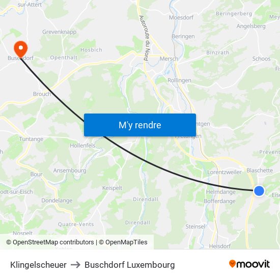 Klingelscheuer to Buschdorf Luxembourg map